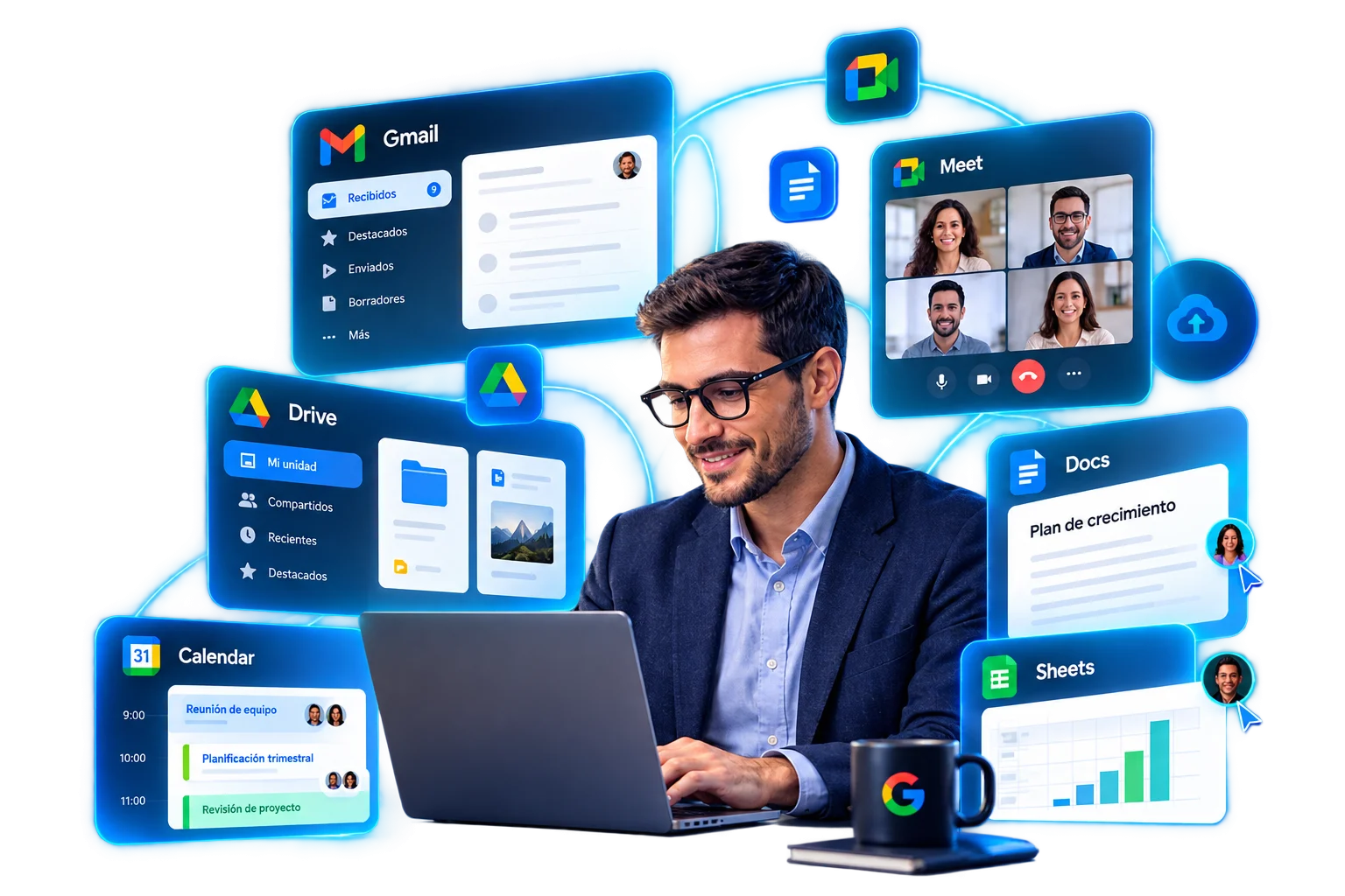 Equipo trabajando con Google Workspace: Gmail, Drive, Meet y Docs